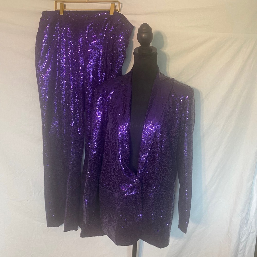 Fashion Purple Sequin 2 Piece Suit Set Blazer and Pants Women XXL NWT